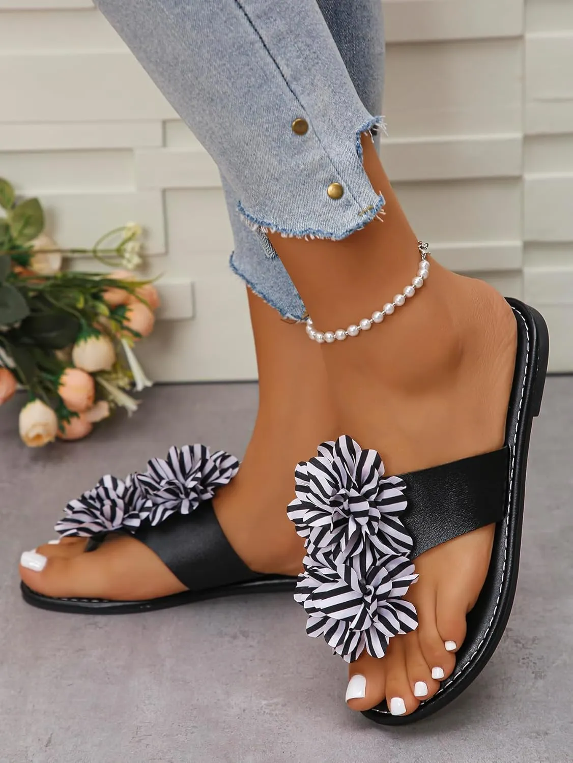 Women's Floral - Embellished Slide & Thong Sandals | Colorful and Stylish Open - Toe Slip-on Easy Wear Summer Footwear for Casual & Beach Adventures