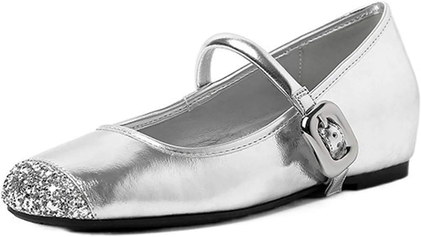 Womens Genuine Leather Internal Increase Mary Janes Fashion Closed Round Toe with Glitter Sequin Cap Toe Ballets Comfortable Adjustable Strap Memory Insole Wide Toe Flats