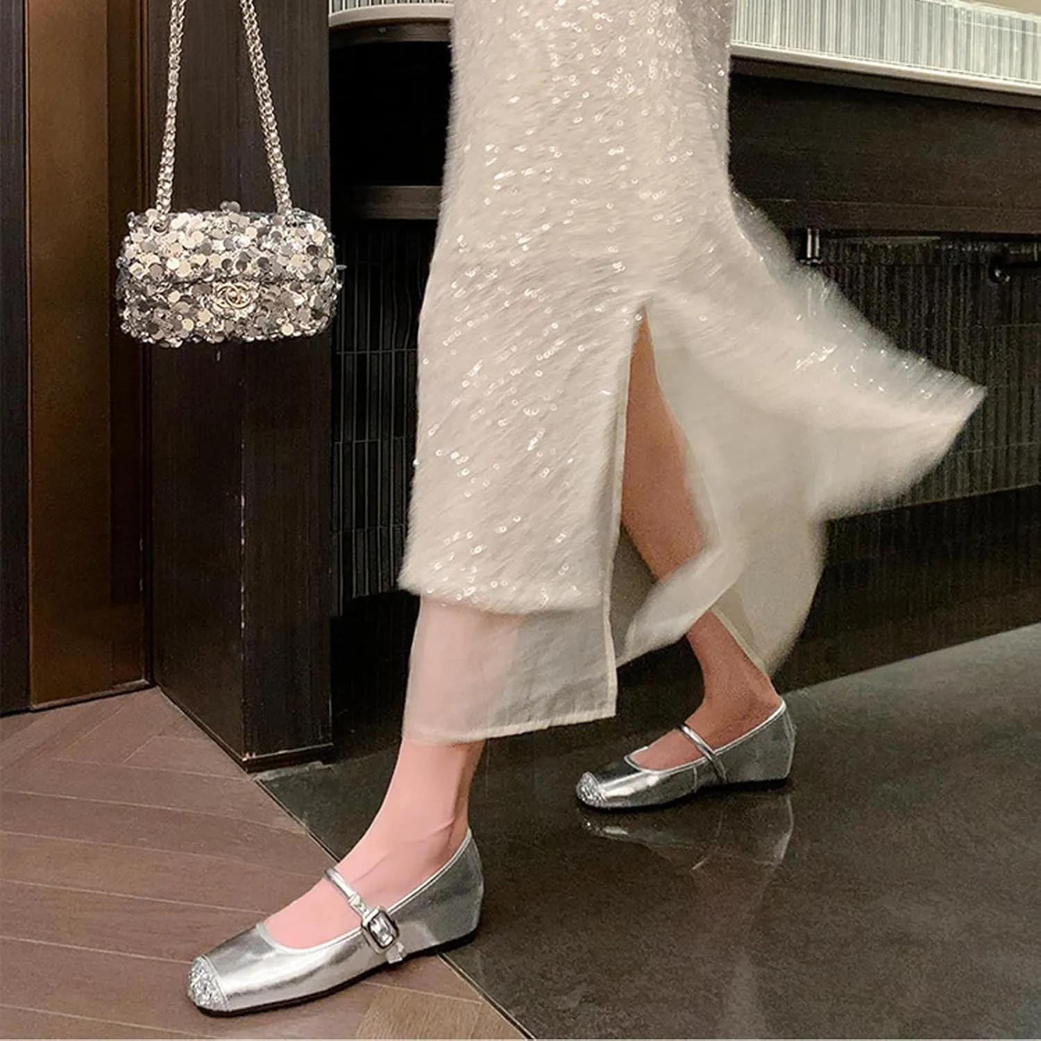 Womens Genuine Leather Internal Increase Mary Janes Fashion Closed Round Toe with Glitter Sequin Cap Toe Ballets Comfortable Adjustable Strap Memory Insole Wide Toe Flats