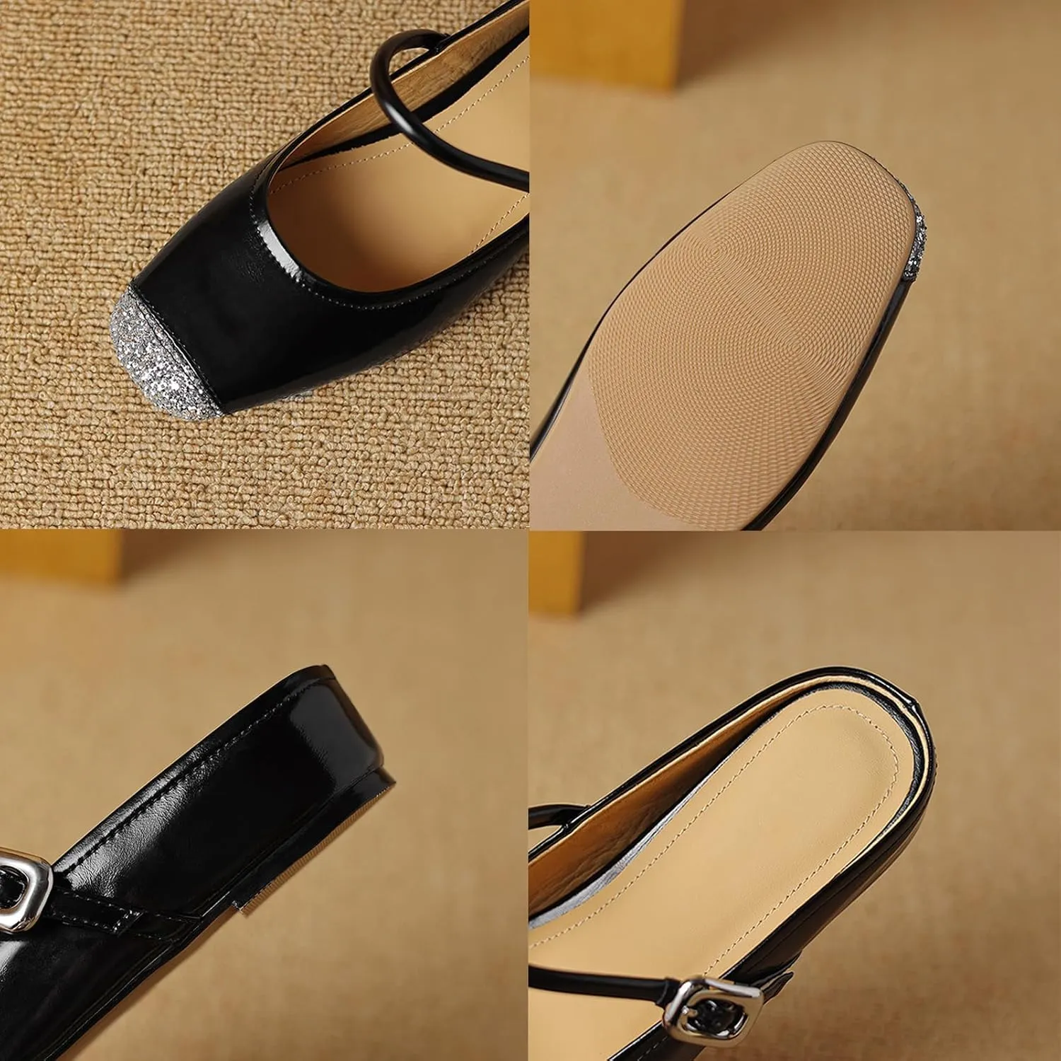 Womens Genuine Leather Internal Increase Mary Janes Fashion Closed Round Toe with Glitter Sequin Cap Toe Ballets Comfortable Adjustable Strap Memory Insole Wide Toe Flats
