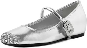 Womens Genuine Leather Internal Increase Mary Janes Fashion Closed Round Toe with Glitter Sequin Cap Toe Ballets Comfortable Adjustable Strap Memory Insole Wide Toe Flats