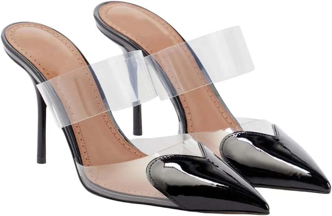 Women's Heart Mules Clear PVC Sandals Pointed Toe Mule Stiletto High Heeled Mules Slip On Sandals Party Wedding Dress Shoes