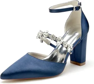 Women's High Chunky Wedding Shoes Block Heels Crystal Pump Sandals Wedding Party Pumps Shoes