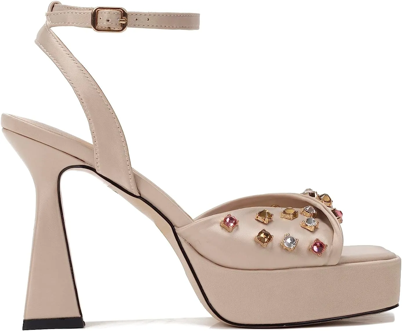 Women's High Heel Platform Heelsl Sandals Square Toe Colorful Rhinestone Ankle Strap Buckle Open Toe Platform High Heel Sandals Strap Adjustable Square Toe Leather Medium Block Heel