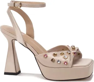 Women's High Heel Platform Heelsl Sandals Square Toe Colorful Rhinestone Ankle Strap Buckle Open Toe Platform High Heel Sandals Strap Adjustable Square Toe Leather Medium Block Heel