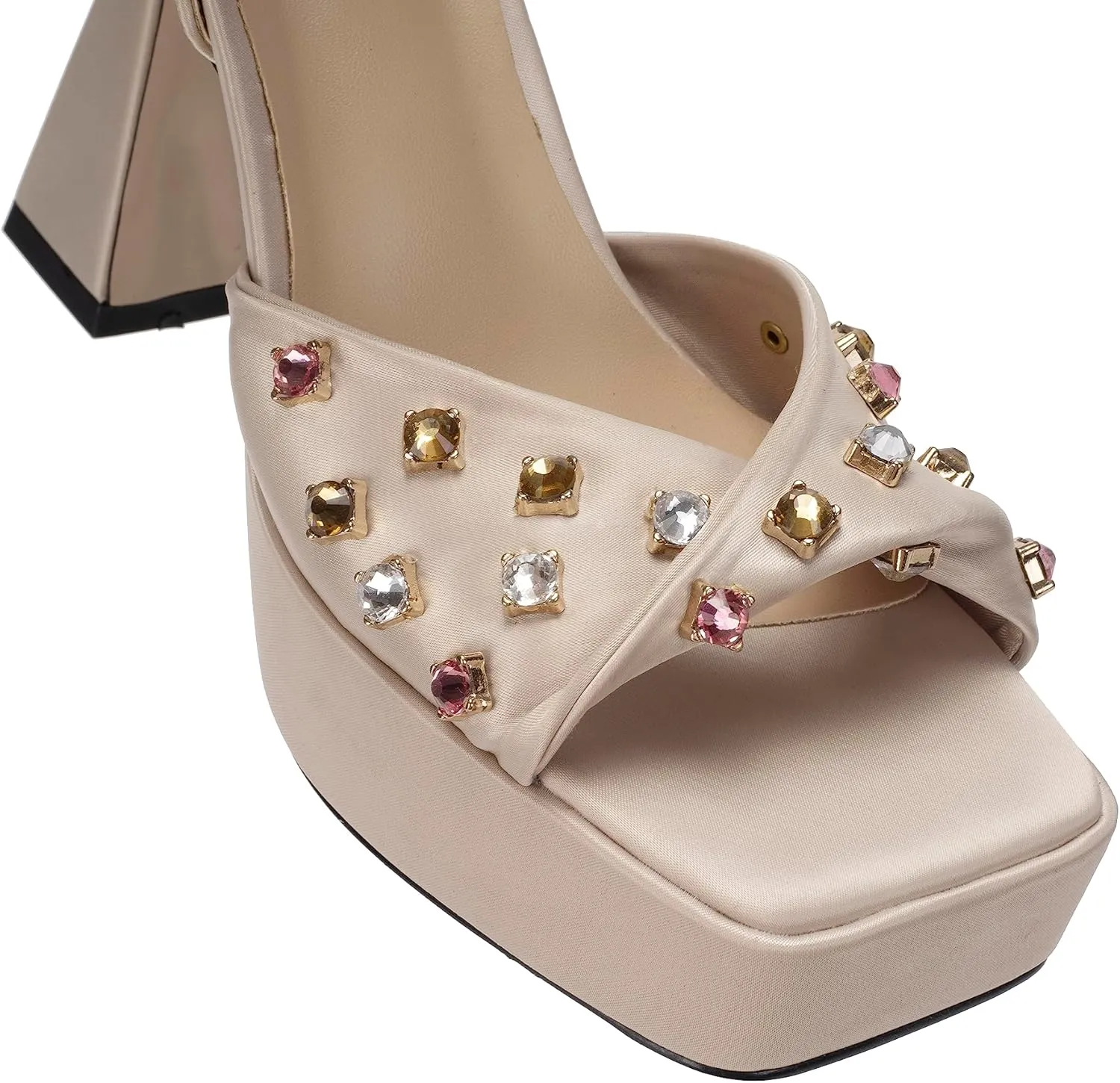 Women's High Heel Platform Heelsl Sandals Square Toe Colorful Rhinestone Ankle Strap Buckle Open Toe Platform High Heel Sandals Strap Adjustable Square Toe Leather Medium Block Heel