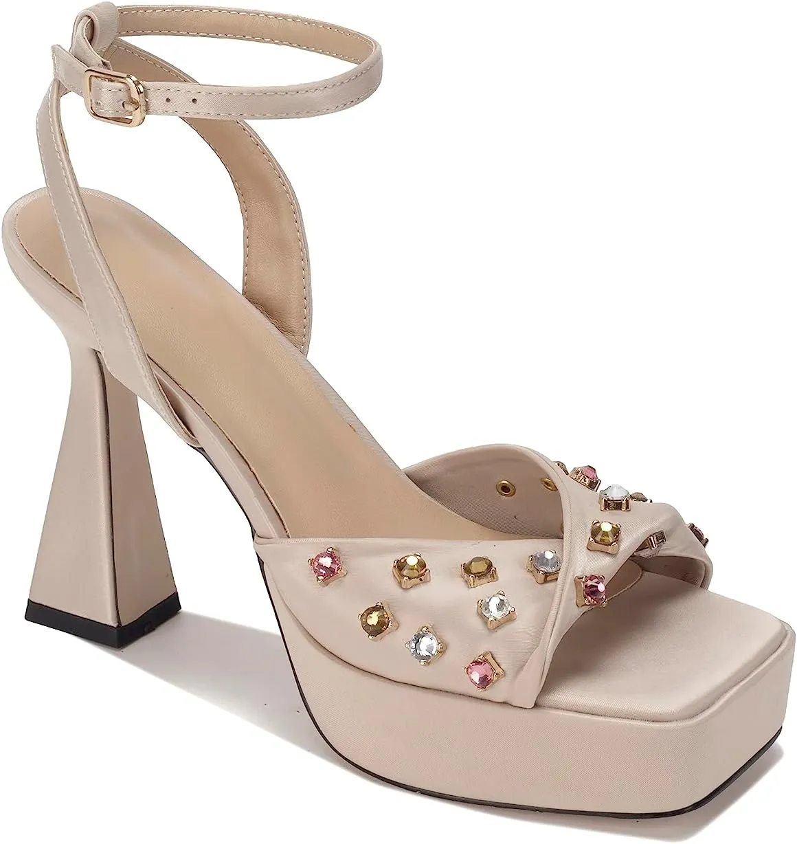 Women's High Heel Platform Heelsl Sandals Square Toe Colorful Rhinestone Ankle Strap Buckle Open Toe Platform High Heel Sandals Strap Adjustable Square Toe Leather Medium Block Heel