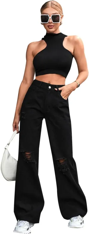 Women's High Waisted Trendy Denim Pants Casual and Fashionable Ripped Pants