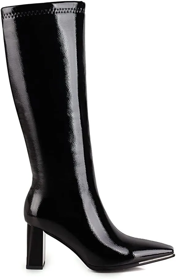 Women's Knee High Boots Chunky Heel Shiny Leather Square Toe Boots with Side Zipper for Date Night Casual Parties