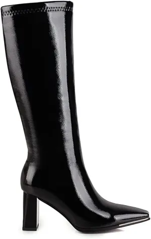 Women's Knee High Boots Chunky Heel Shiny Leather Square Toe Boots with Side Zipper for Date Night Casual Parties