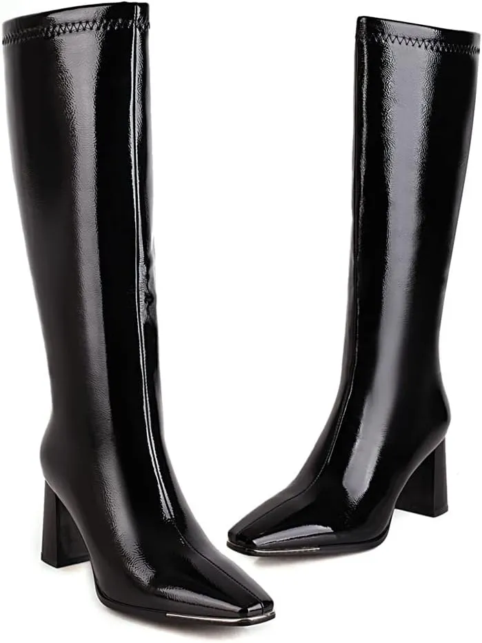 Women's Knee High Boots Chunky Heel Shiny Leather Square Toe Boots with Side Zipper for Date Night Casual Parties