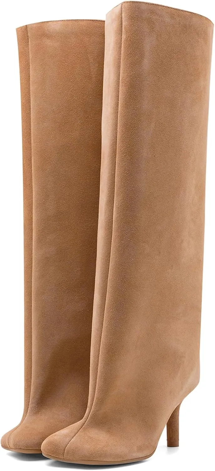 Women's Knee High Suede Boots for Women Square Toe Stiletto Heels Tall Boots Pull On High Heel Long Booties