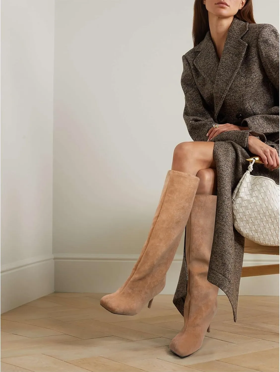 Women's Knee High Suede Boots for Women Square Toe Stiletto Heels Tall Boots Pull On High Heel Long Booties
