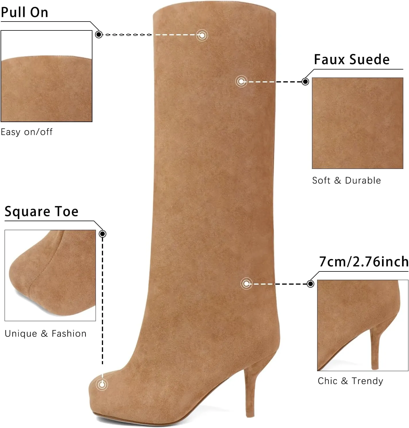 Women's Knee High Suede Boots for Women Square Toe Stiletto Heels Tall Boots Pull On High Heel Long Booties