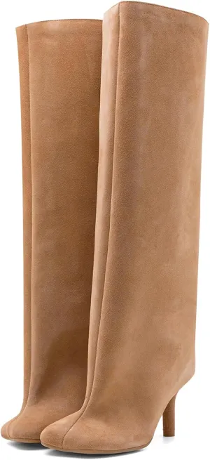 Women's Knee High Suede Boots for Women Square Toe Stiletto Heels Tall Boots Pull On High Heel Long Booties