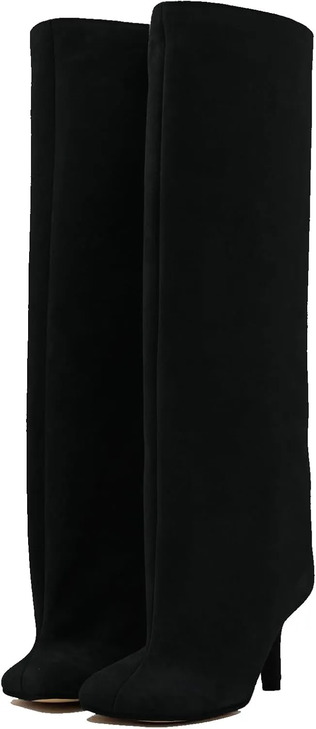 Women's Knee High Suede Boots for Women Wide Calf Square Toe Stiletto Heels Tall Boots Pull On High Heel Long Booties
