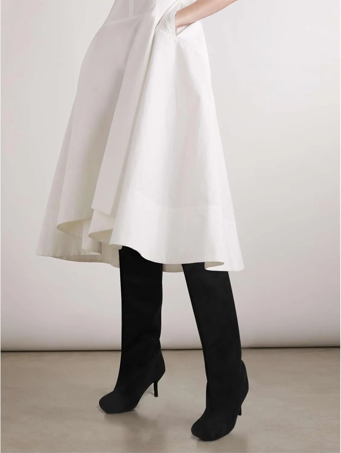 Women's Knee High Suede Boots for Women Wide Calf Square Toe Stiletto Heels Tall Boots Pull On High Heel Long Booties