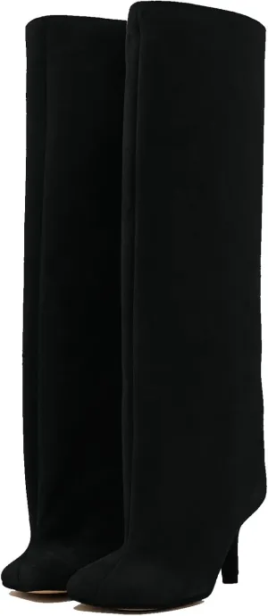 Women's Knee High Suede Boots for Women Wide Calf Square Toe Stiletto Heels Tall Boots Pull On High Heel Long Booties