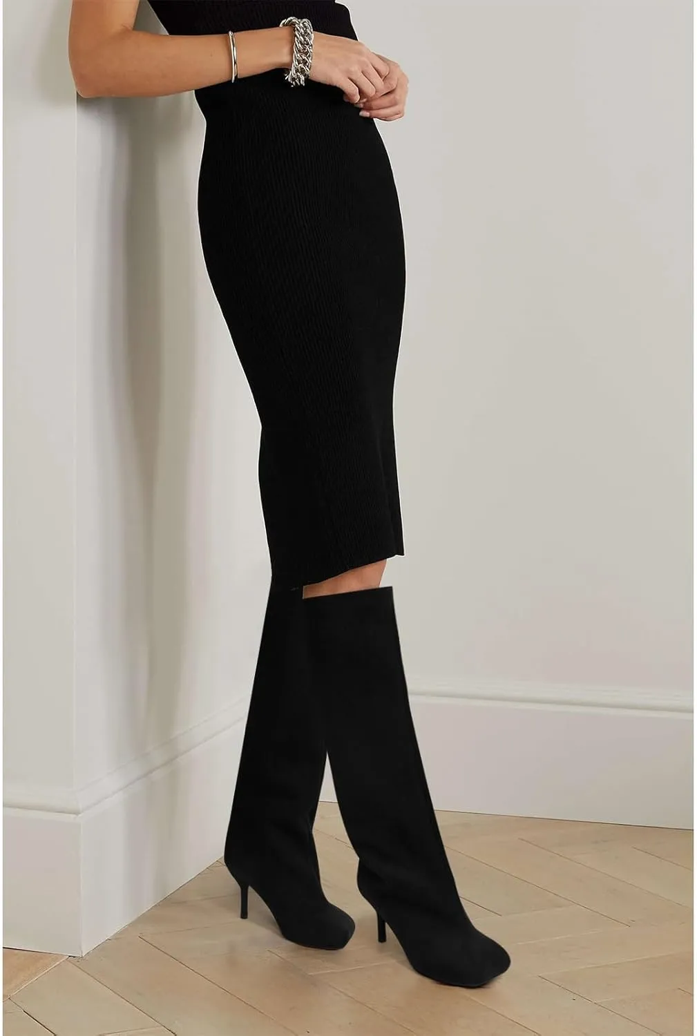 Women's Knee High Suede Boots for Women Wide Calf Square Toe Stiletto Heels Tall Boots Pull On High Heel Long Booties