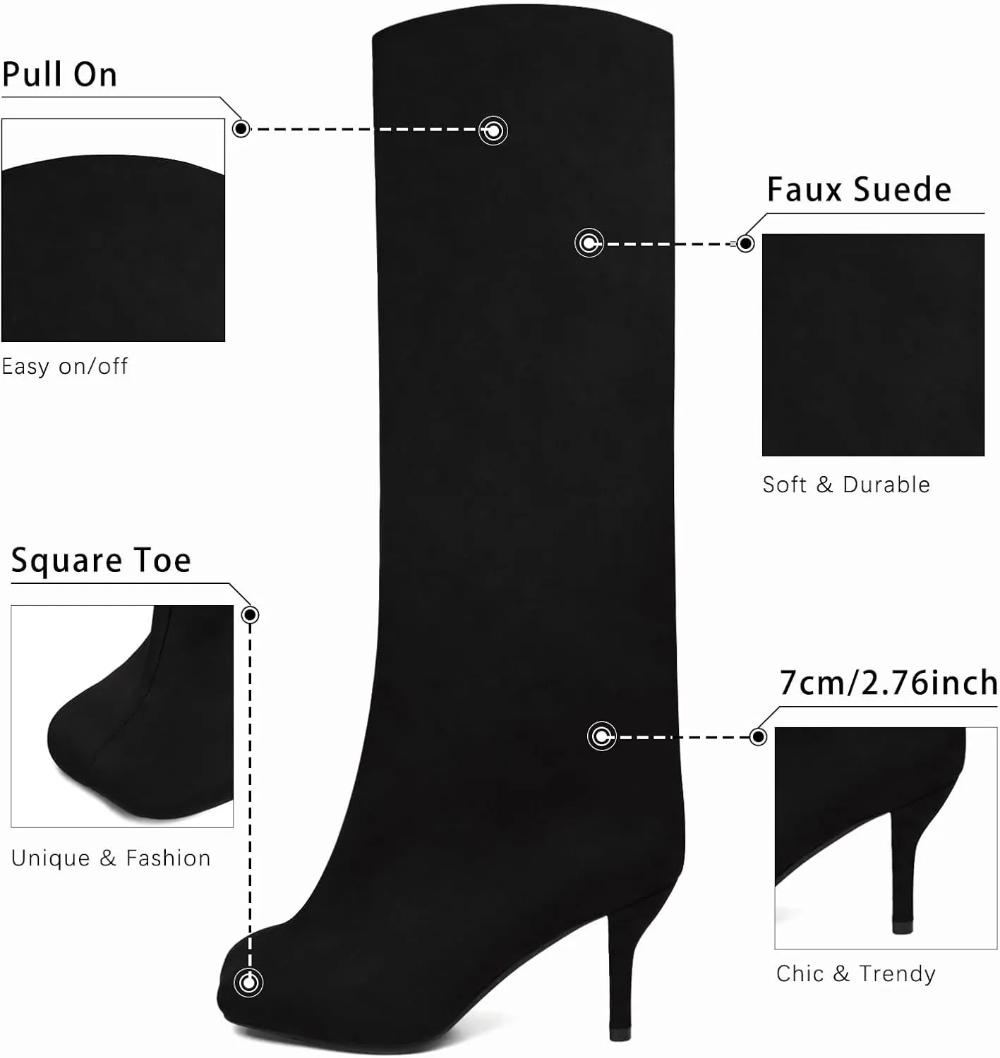 Women's Knee High Suede Boots for Women Wide Calf Square Toe Stiletto Heels Tall Boots Pull On High Heel Long Booties