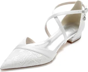 Women's Lace Flats Criss Cross Pointed Toe Wedding Bridal Shoes Prom Evening Dress Pumps Shoes