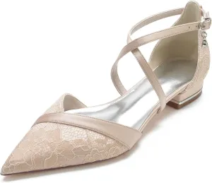 Women's Lace Flats Criss Cross Pointed Toe Wedding Bridal Shoes Prom Evening Dress Pumps Shoes