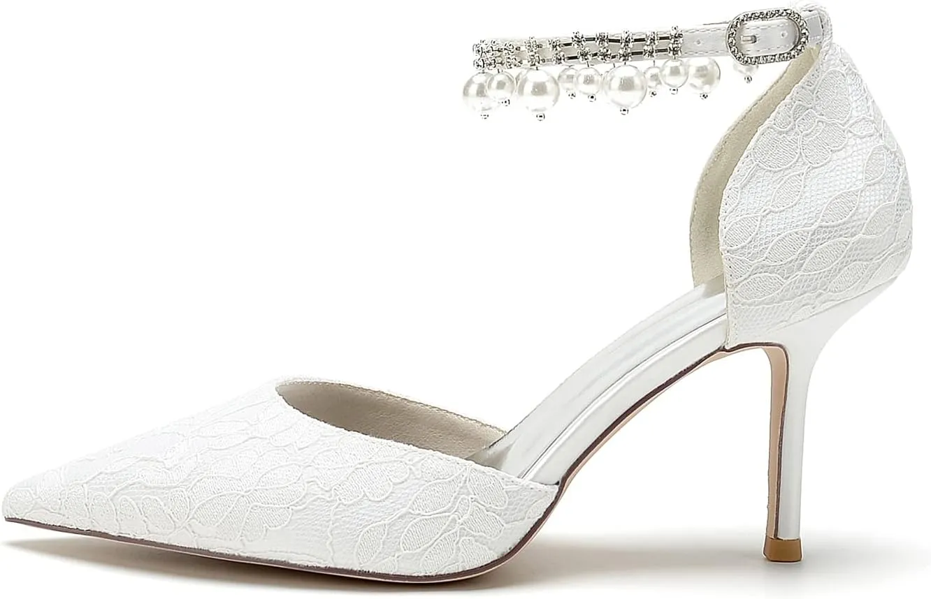 Womens Lace Wedding Shoes with Pearls Ankle Strap Pointed Toe Dress Pumps Prom Formal Party Shoes