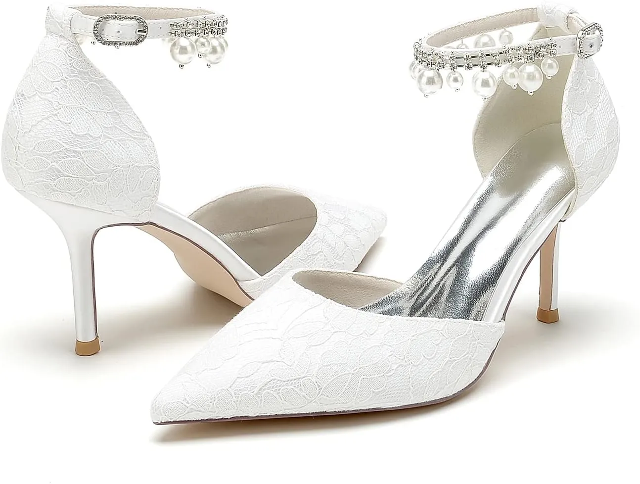 Womens Lace Wedding Shoes with Pearls Ankle Strap Pointed Toe Dress Pumps Prom Formal Party Shoes