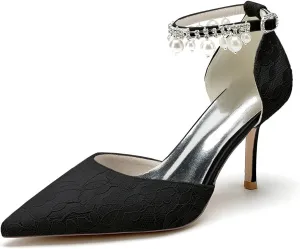 Womens Lace Wedding Shoes with Pearls Ankle Strap Pointed Toe Dress Pumps Prom Formal Party Shoes