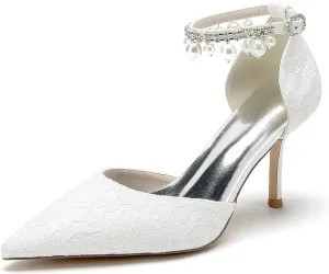 Womens Lace Wedding Shoes with Pearls Ankle Strap Pointed Toe Dress Pumps Prom Formal Party Shoes