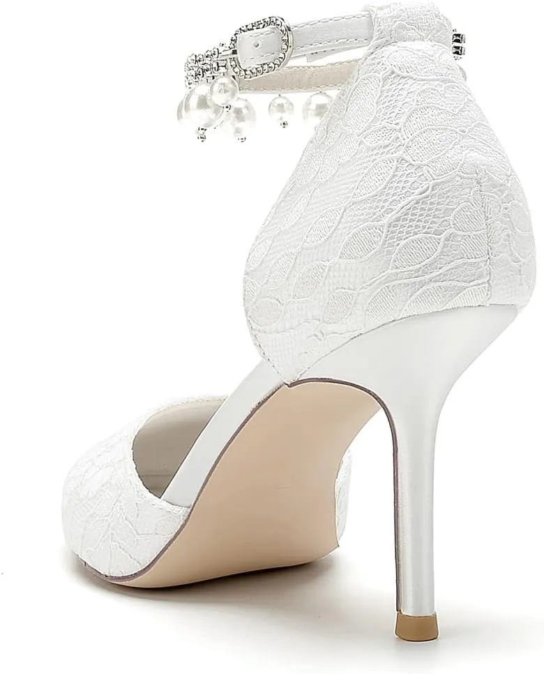 Womens Lace Wedding Shoes with Pearls Ankle Strap Pointed Toe Dress Pumps Prom Formal Party Shoes