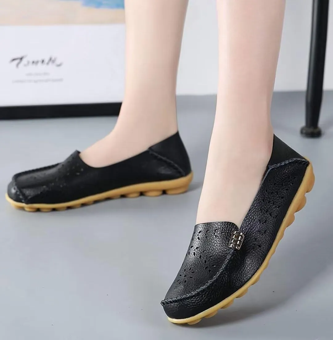 Women's Leather Casual Slipper Loafers Moccasins Driving Shoes Flat Slip-Ons