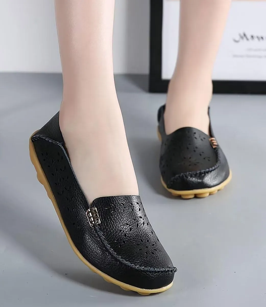 Women's Leather Casual Slipper Loafers Moccasins Driving Shoes Flat Slip-Ons