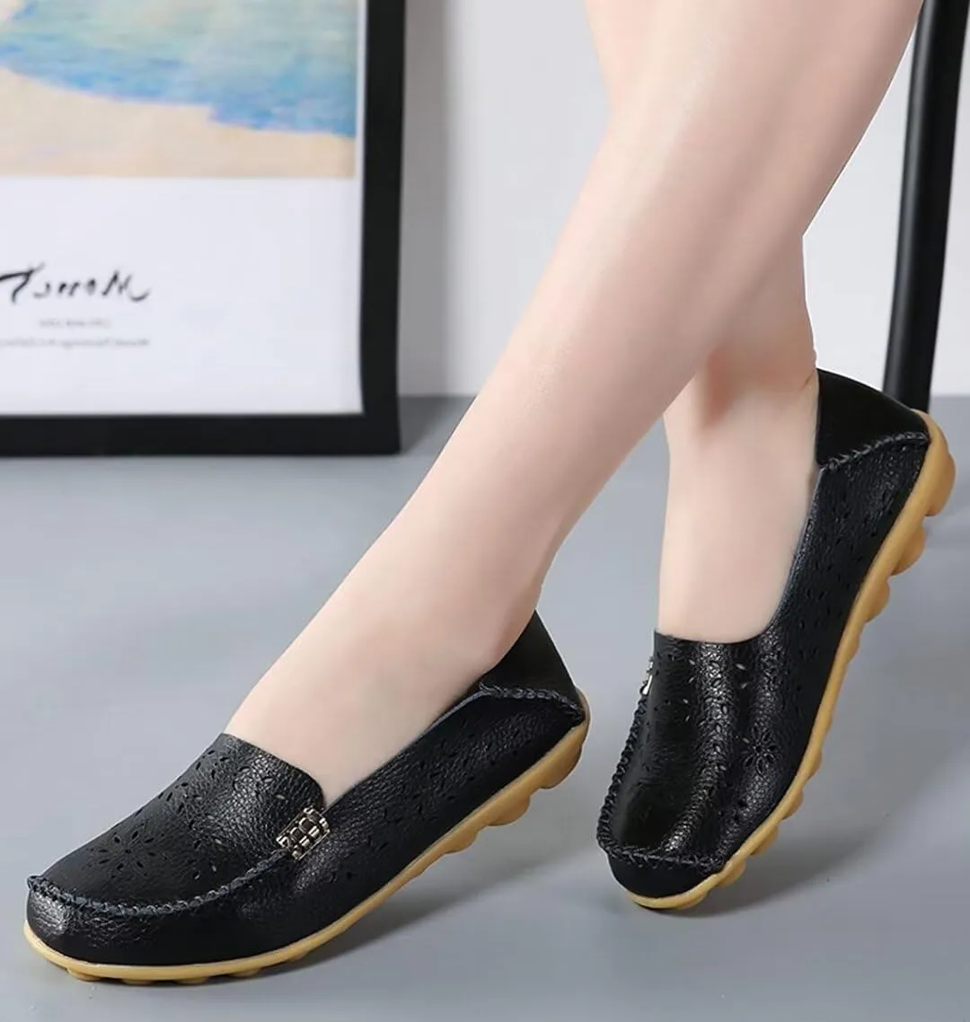 Women's Leather Casual Slipper Loafers Moccasins Driving Shoes Flat Slip-Ons