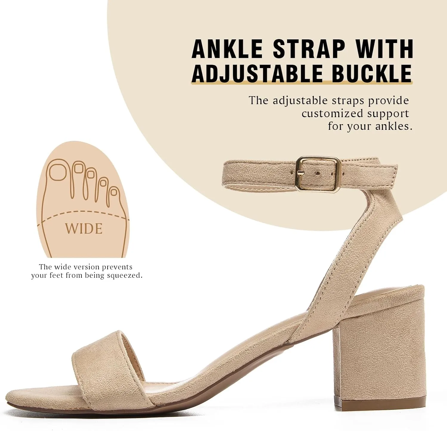Women's Low Block Chunky Heels Ankle Strap Sandals Open Toe Nude Black Silver Heel for Women 2.3 Inches Wedding Party Prom Dress Pump Shoes