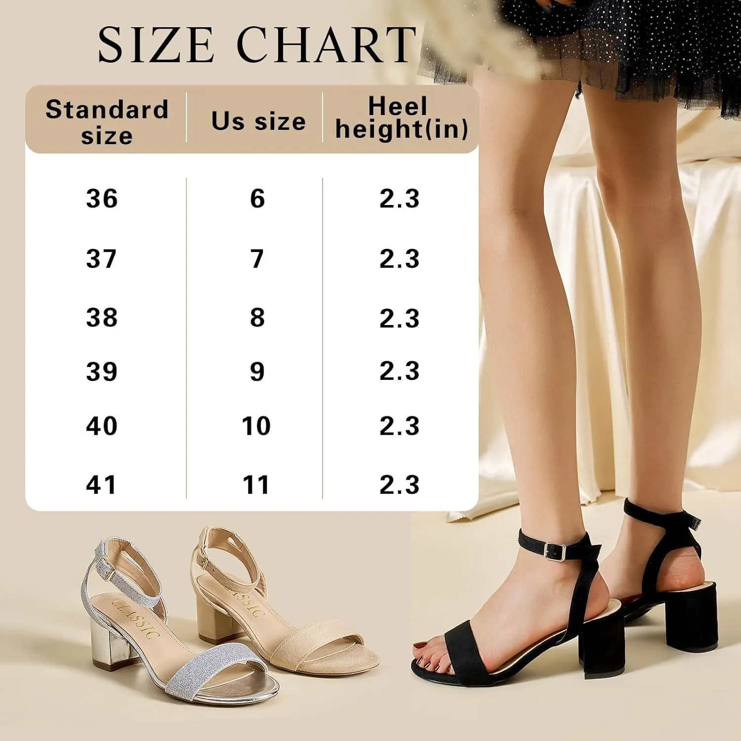 Women's Low Block Chunky Heels Ankle Strap Sandals Open Toe Nude Black Silver Heel for Women 2.3 Inches Wedding Party Prom Dress Pump Shoes