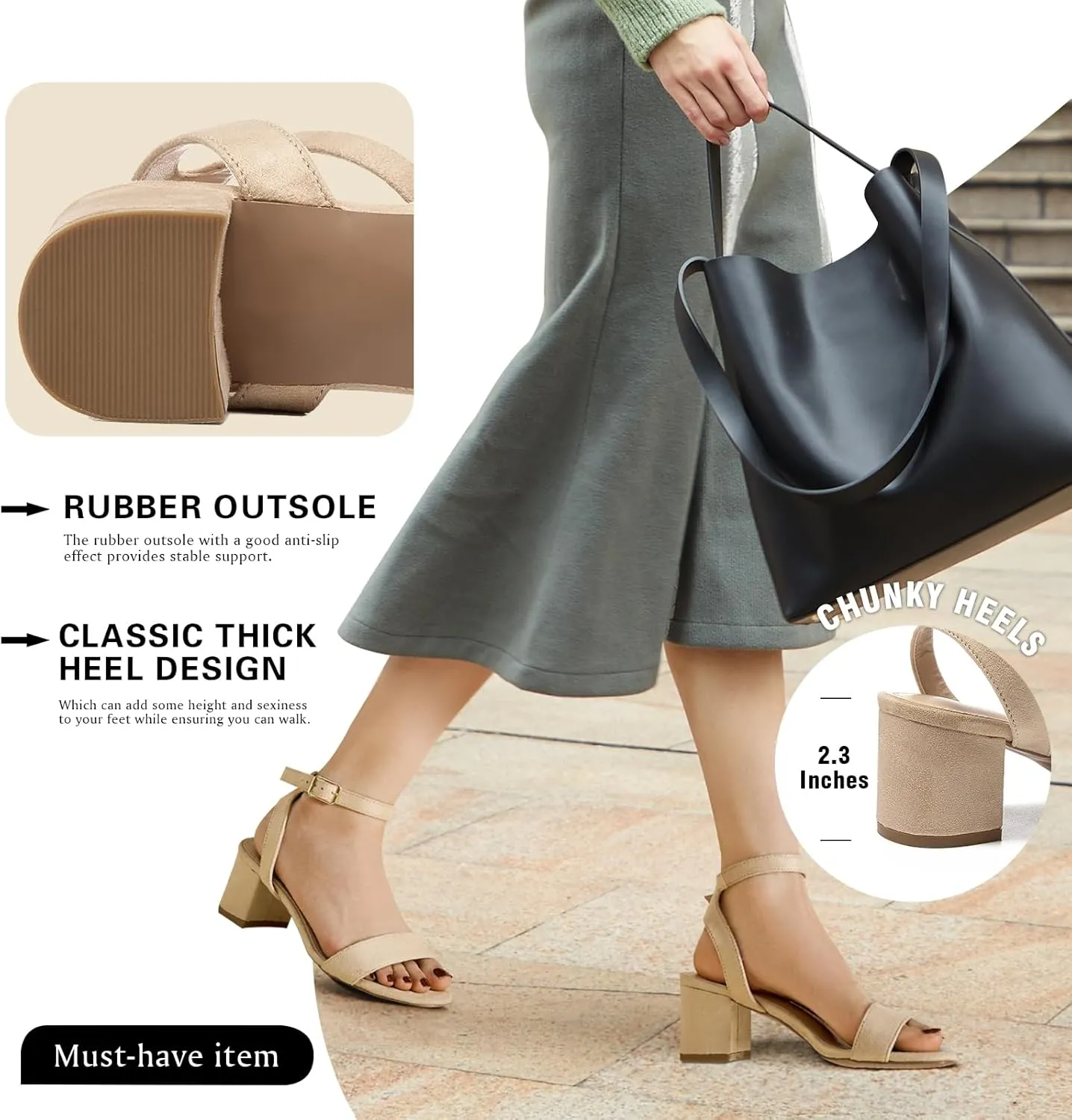 Women's Low Block Chunky Heels Ankle Strap Sandals Open Toe Nude Black Silver Heel for Women 2.3 Inches Wedding Party Prom Dress Pump Shoes