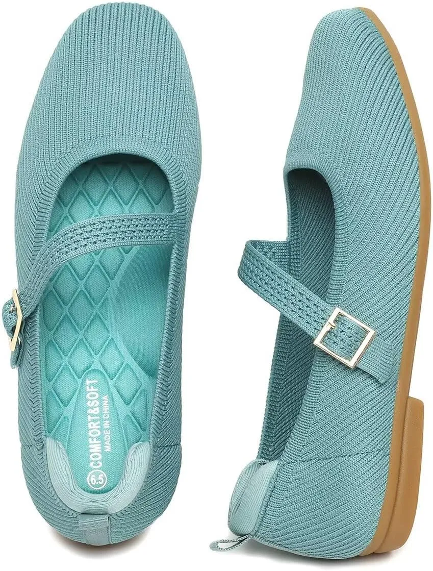 Women's Mary Jane Ballet Flats Square Toe Knit Ballerina Walking Dressy Office Slip-on Shoes with Strap