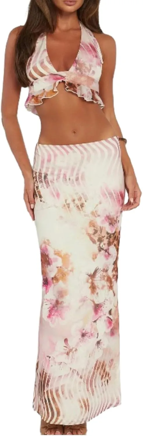 Womens Maxi Skirt Outfits Halter Floral Print Crop Top Slim Maxi Skirt Vacation Casual Outfits