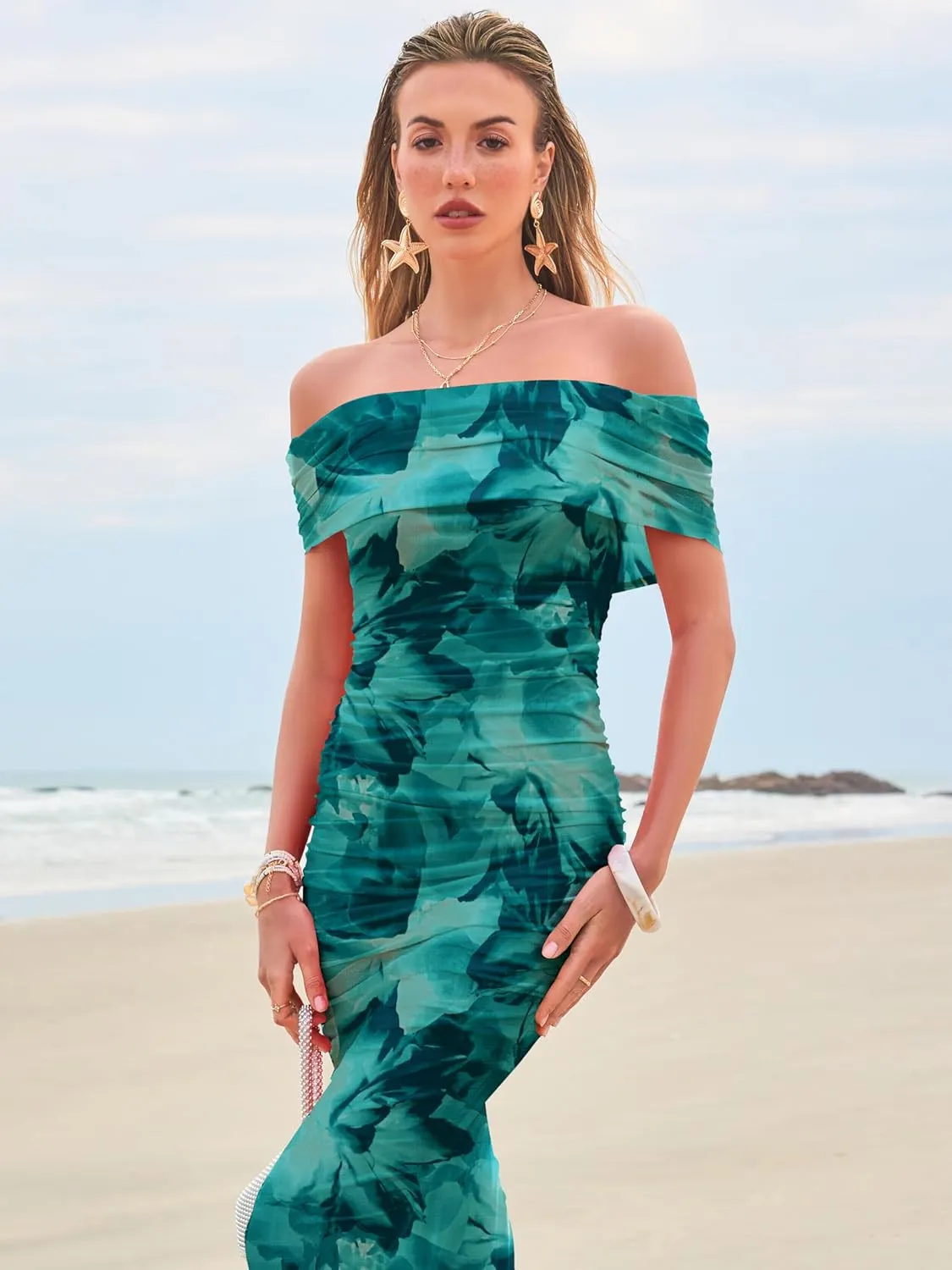 Women's Mesh Floral Maxi Dress 2025 Summer Off The Shoulder Ruched Bodycon Long Cocktail Party Fitted Dresses