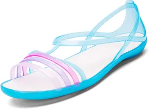Women's Open Toe Colorful Neon Jelly Flat Sandals,Summer T-Strap Rainbow Gladiator Clear Rain Shoes Slip On Beach Casual Width Toe Sandals