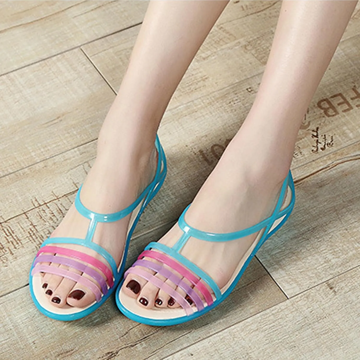 Women's Open Toe Colorful Neon Jelly Flat Sandals,Summer T-Strap Rainbow Gladiator Clear Rain Shoes Slip On Beach Casual Width Toe Sandals