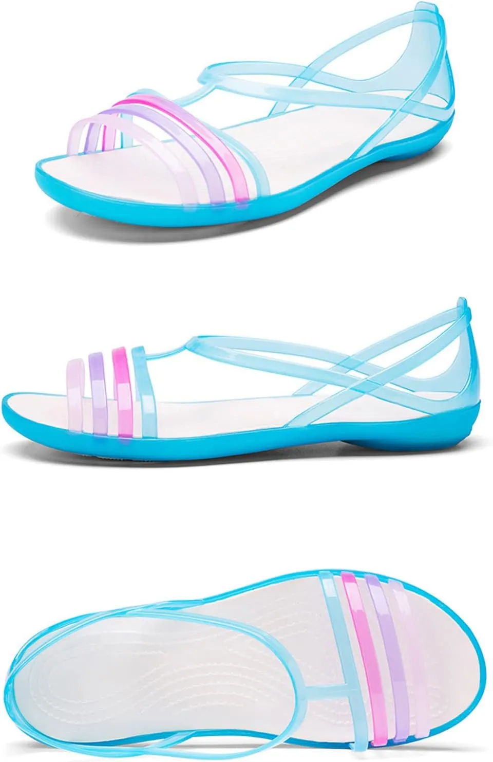 Women's Open Toe Colorful Neon Jelly Flat Sandals,Summer T-Strap Rainbow Gladiator Clear Rain Shoes Slip On Beach Casual Width Toe Sandals