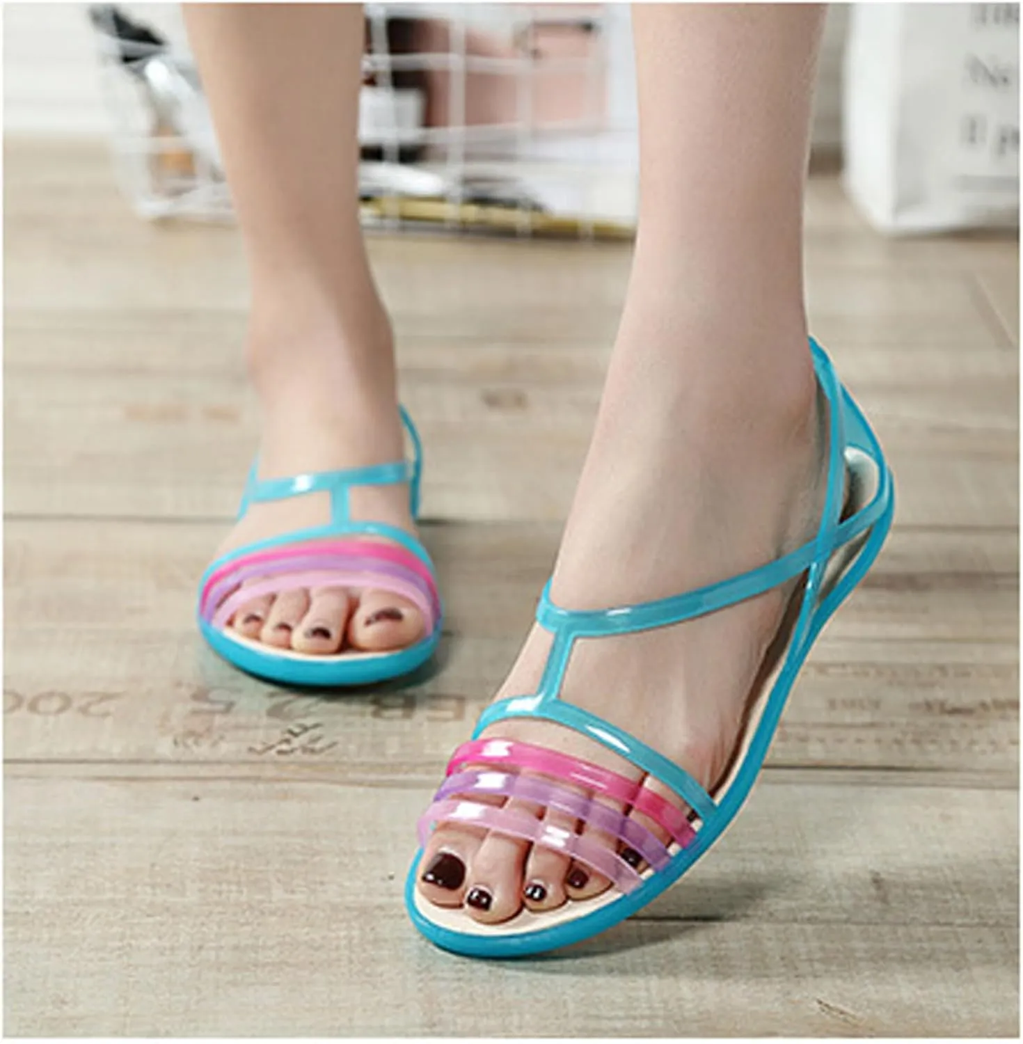 Women's Open Toe Colorful Neon Jelly Flat Sandals,Summer T-Strap Rainbow Gladiator Clear Rain Shoes Slip On Beach Casual Width Toe Sandals