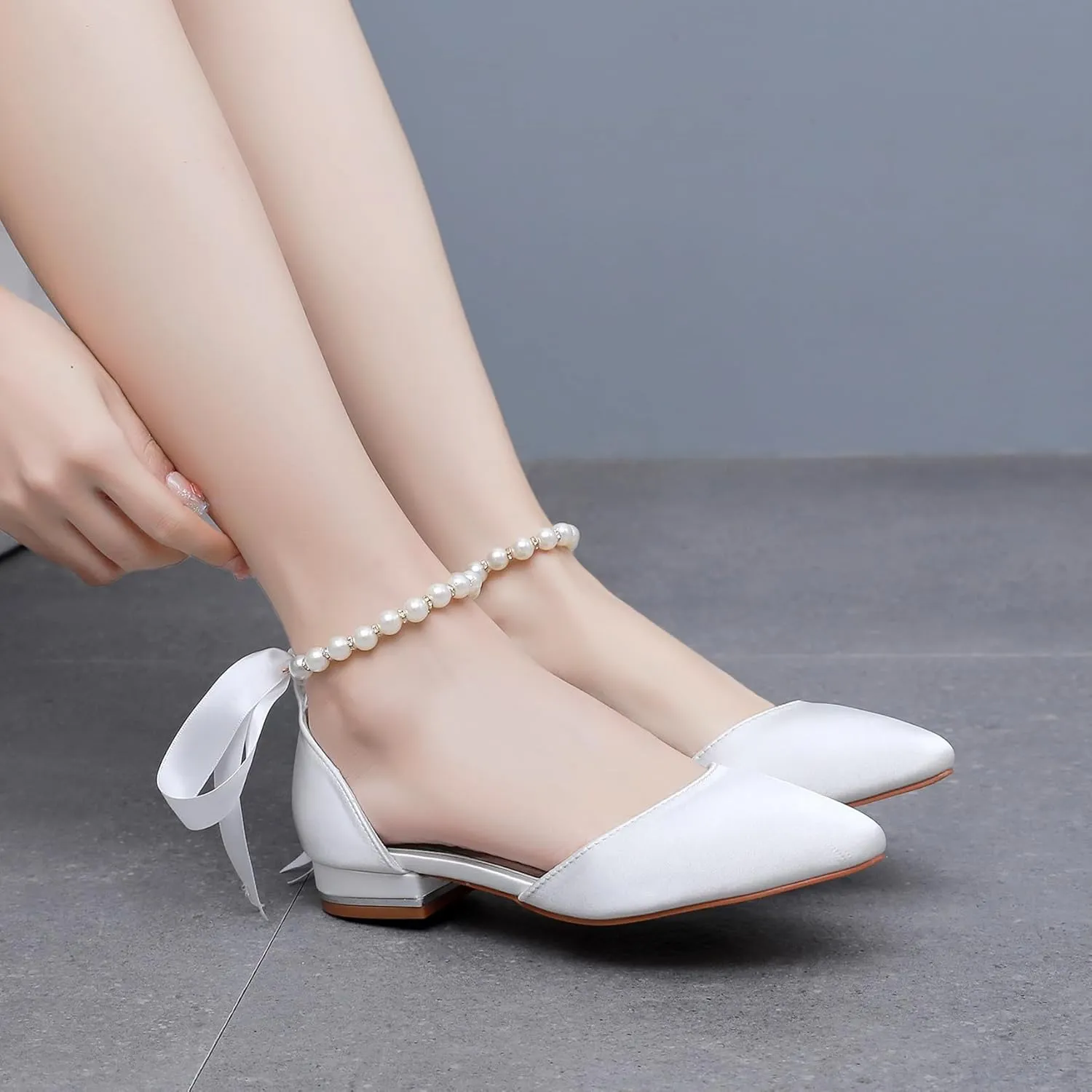 Women's Pearl Satin Wedding Shoes Pointed Toe Comfortable Bridal Flats Formal Prom Party Dress Pumps Ankle Strap Sandals