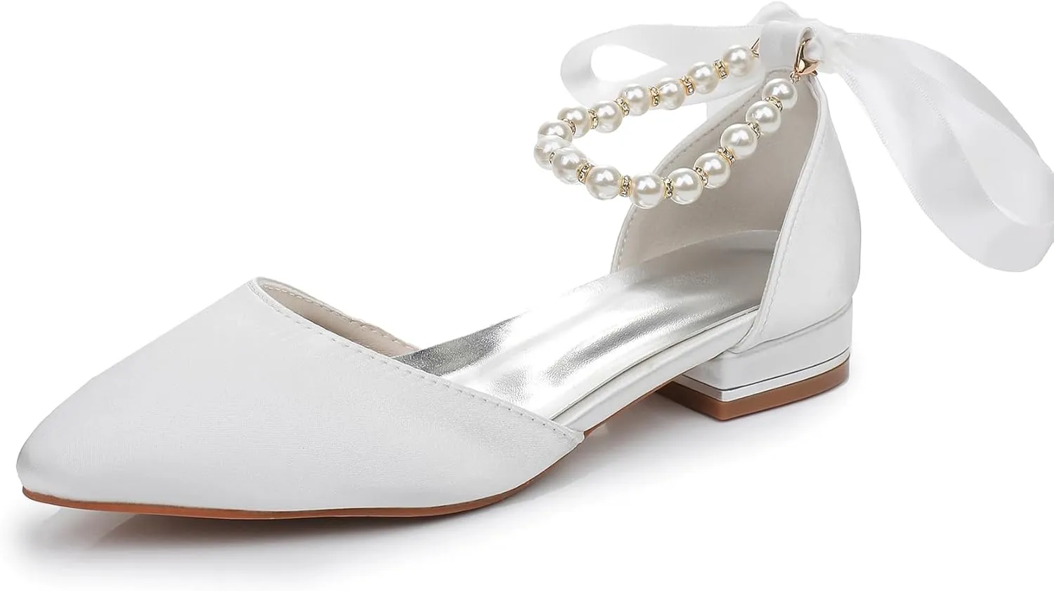Women's Pearl Satin Wedding Shoes Pointed Toe Comfortable Bridal Flats Formal Prom Party Dress Pumps Ankle Strap Sandals