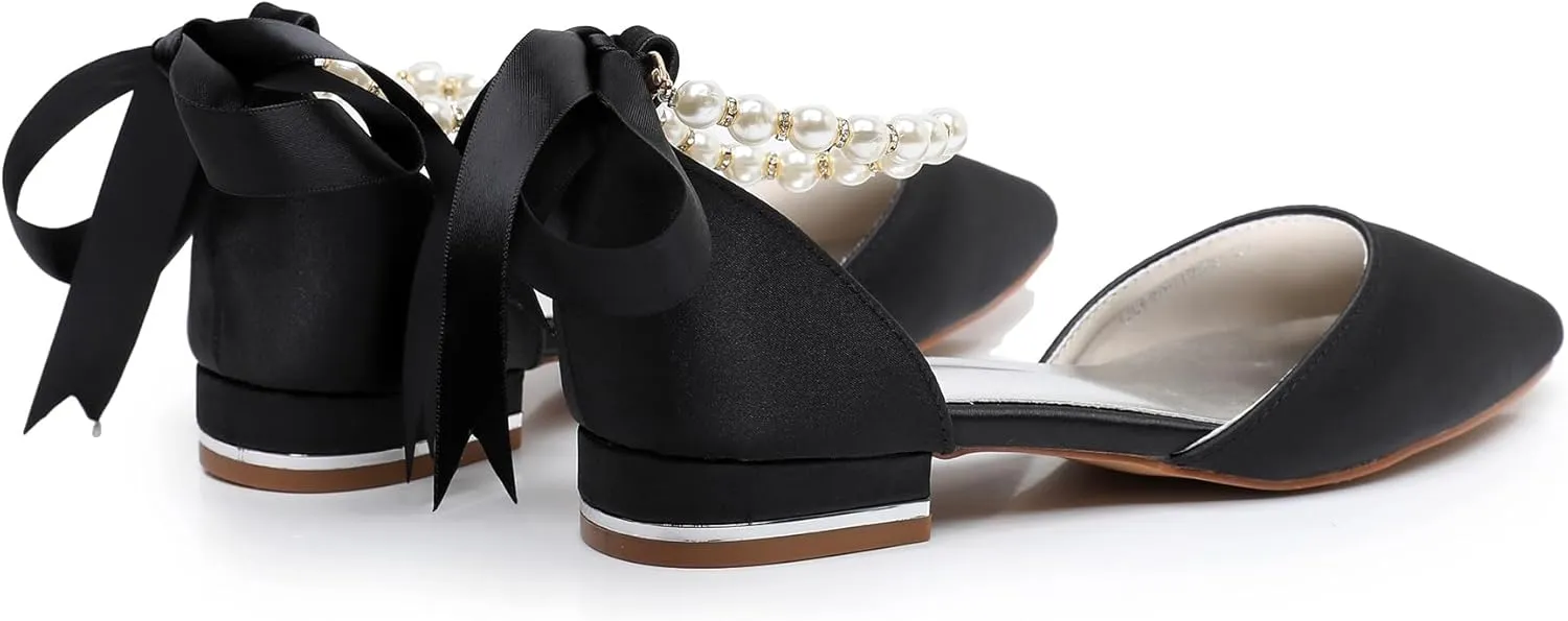 Women's Pearl Satin Wedding Shoes Pointed Toe Comfortable Bridal Flats Formal Prom Party Dress Pumps Ankle Strap Sandals