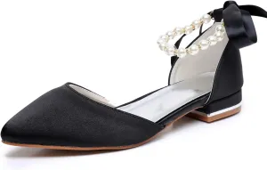 Women's Pearl Satin Wedding Shoes Pointed Toe Comfortable Bridal Flats Formal Prom Party Dress Pumps Ankle Strap Sandals