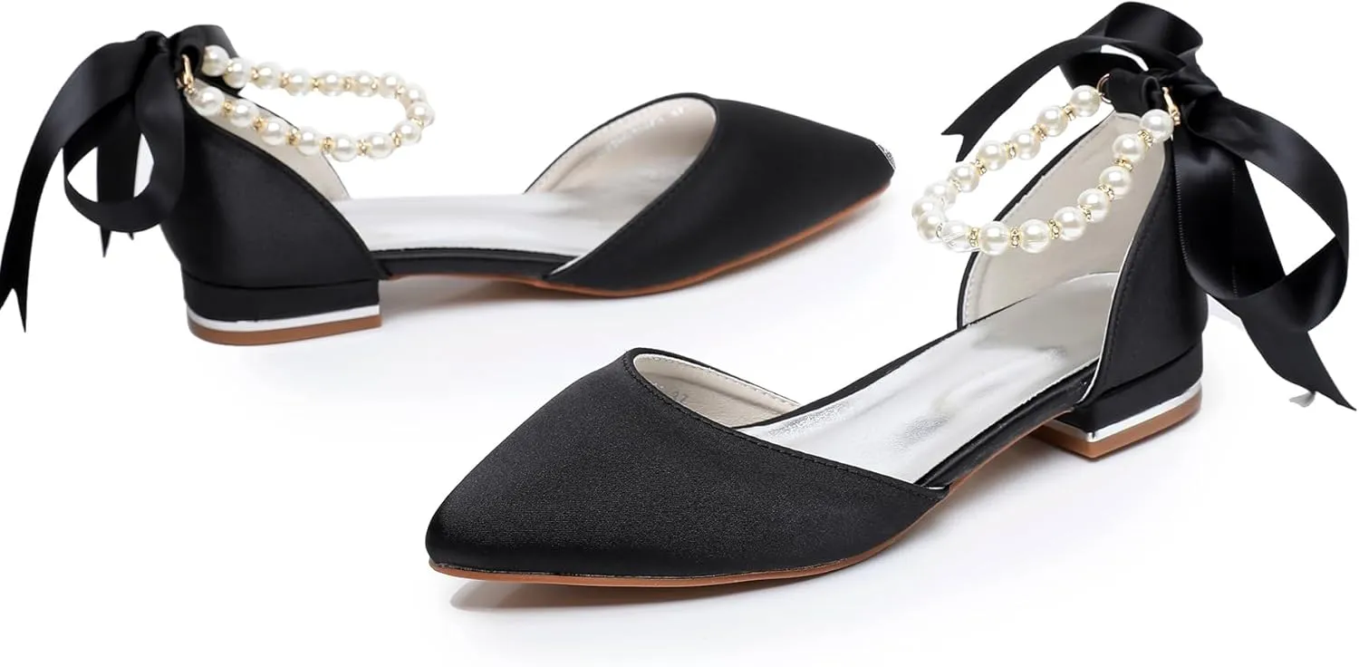 Women's Pearl Satin Wedding Shoes Pointed Toe Comfortable Bridal Flats Formal Prom Party Dress Pumps Ankle Strap Sandals