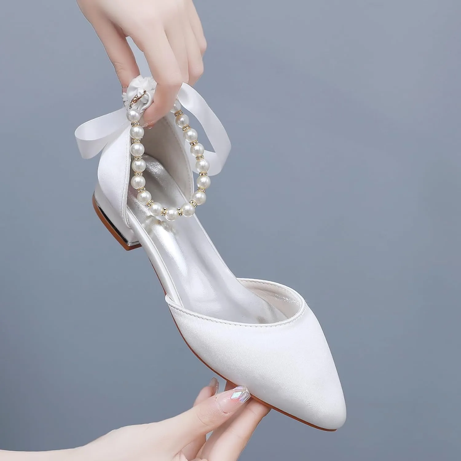 Women's Pearl Satin Wedding Shoes Pointed Toe Comfortable Bridal Flats Formal Prom Party Dress Pumps Ankle Strap Sandals